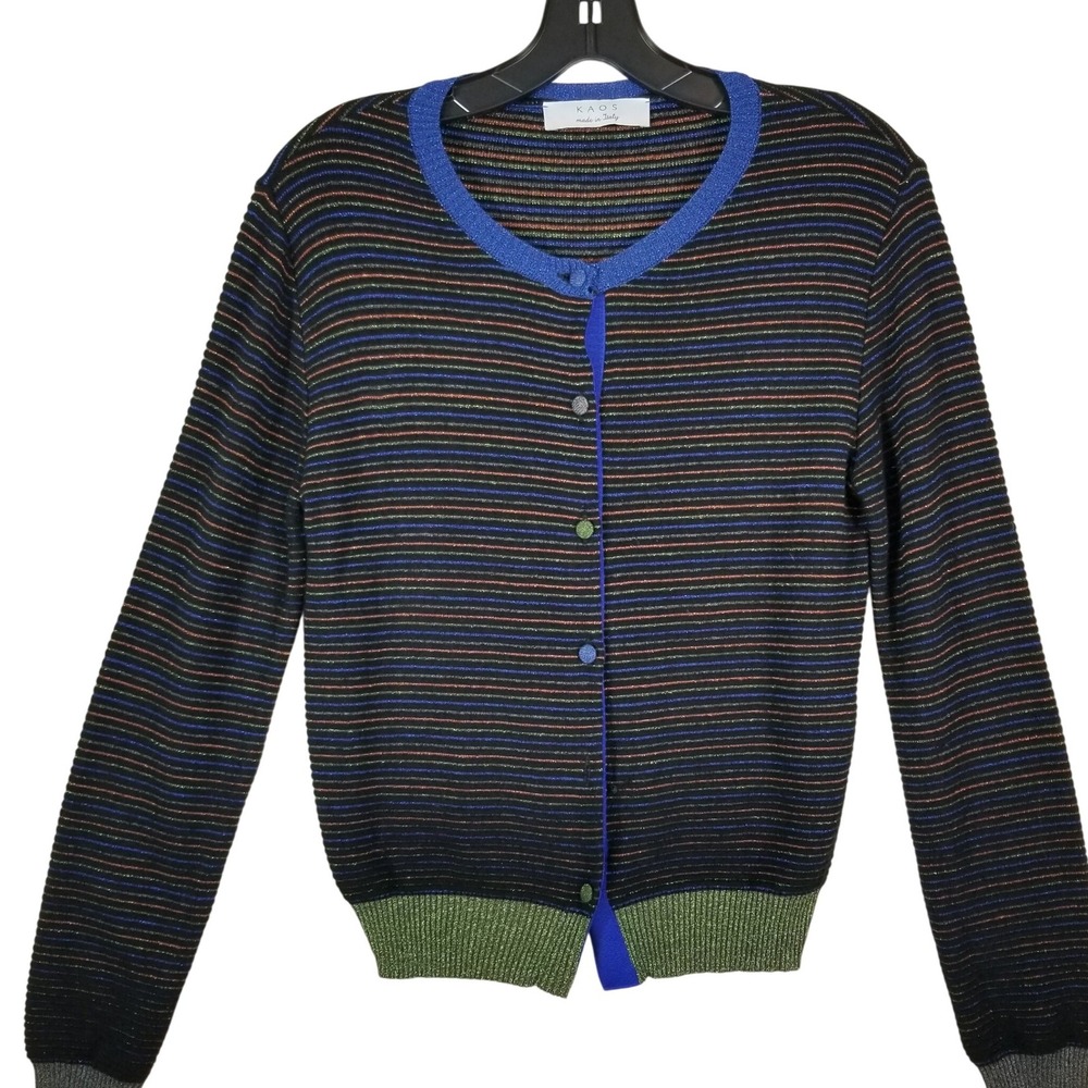Kaos Italy Metallic Striped Cardigan Sz S Lurex Knit‎ Button Up Multi Stripe
